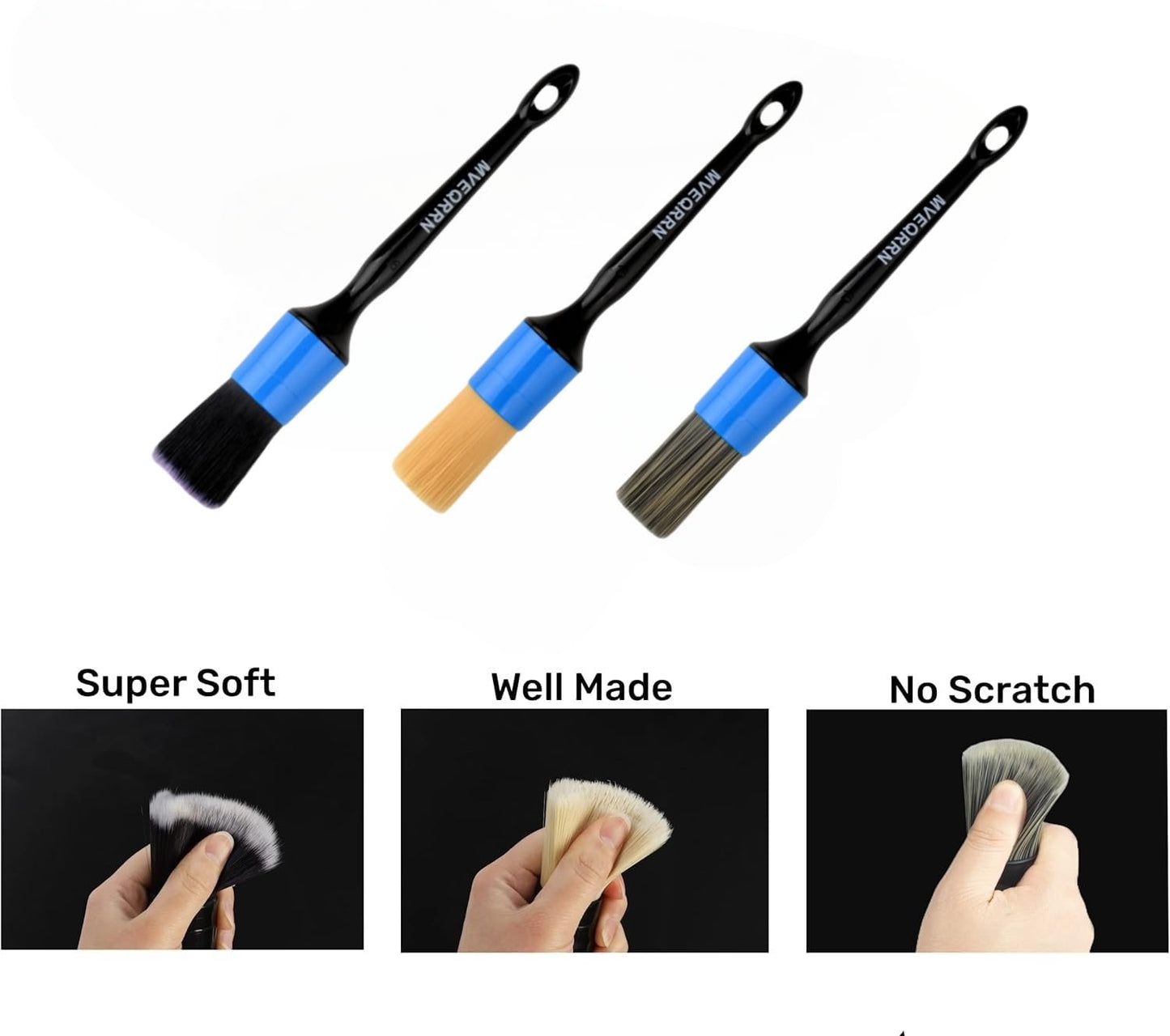 6pc Car Detailing Brush Set: 2 Boar’s Hair, 2 Ultra-Soft & 2 Fine Detail Brushes for Interior Leather, Air Vents, Trim & Exterior Cleaning