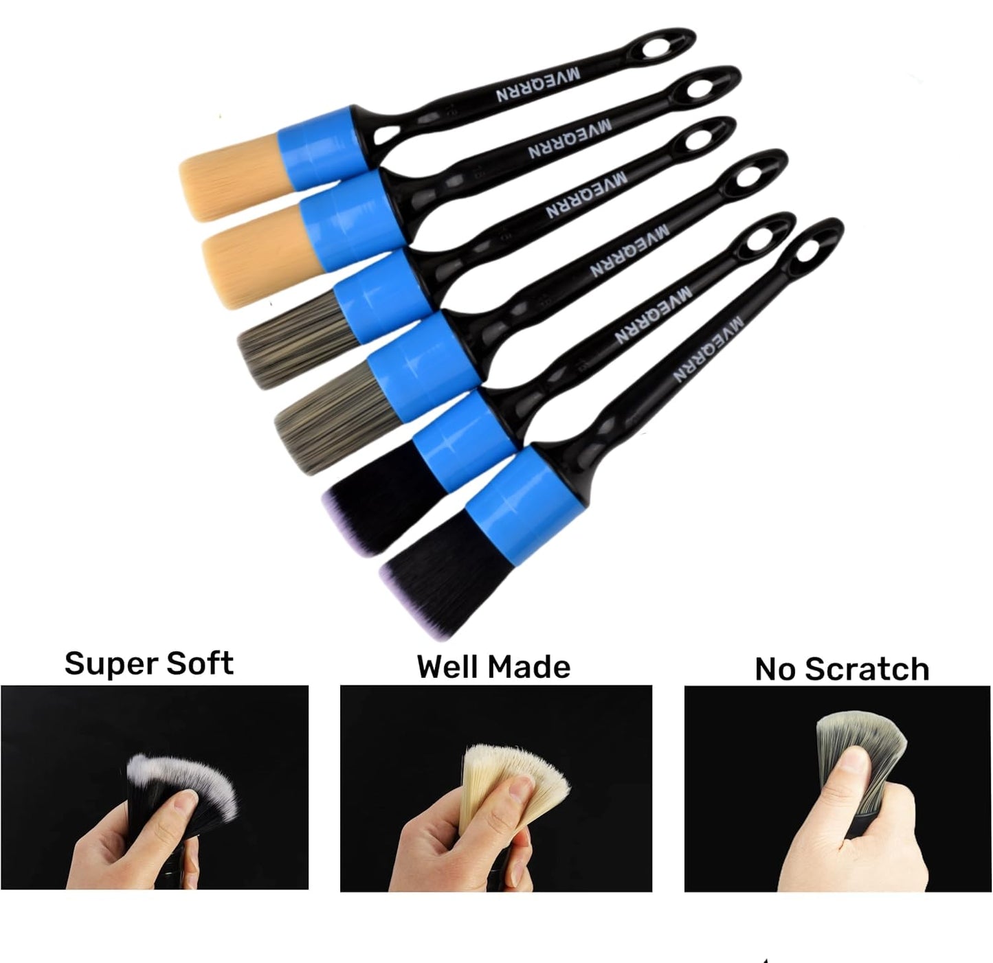 6pc Car Detailing Brush Set: 2 Boar’s Hair, 2 Ultra-Soft & 2 Fine Detail Brushes for Interior Leather, Air Vents, Trim & Exterior Cleaning