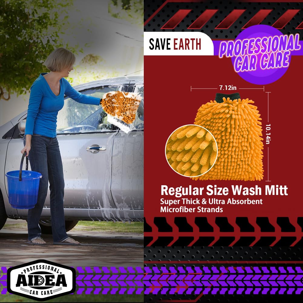 AIDEA Car Wash Mitt Microfiber, 2PK Scratch Free Lint-Free, Premium Chenille Microfiber Mitt Car Wash Brush, Green, Regular Size 7.12''X10.14''