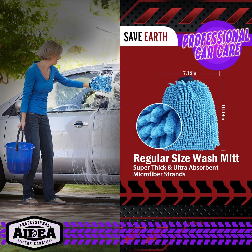 AIDEA Car Wash Mitt Microfiber, 2PK Scratch Free Lint-Free, Premium Chenille Microfiber Mitt Car Wash Brush, Green, Regular Size 7.12''X10.14''