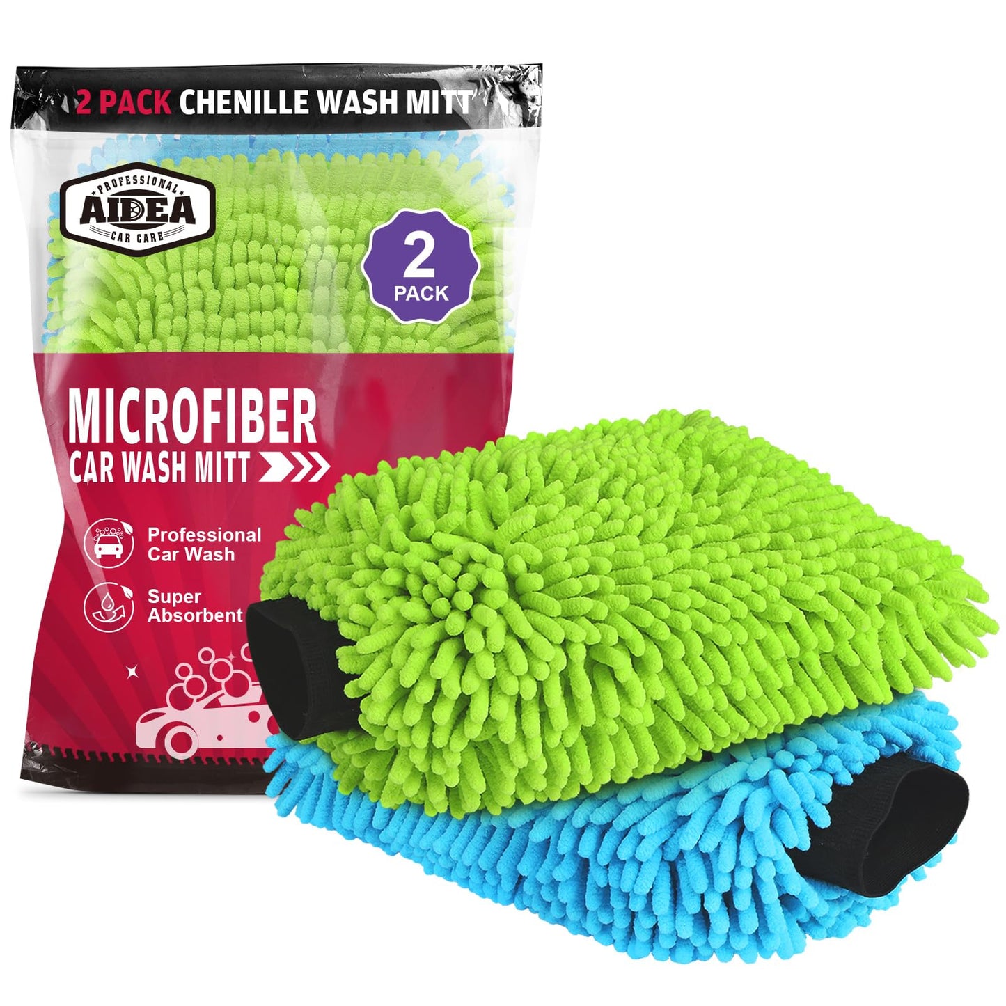 AIDEA Car Wash Mitt Microfiber, 2PK Scratch Free Lint-Free, Premium Chenille Microfiber Mitt Car Wash Brush, Green, Regular Size 7.12''X10.14''