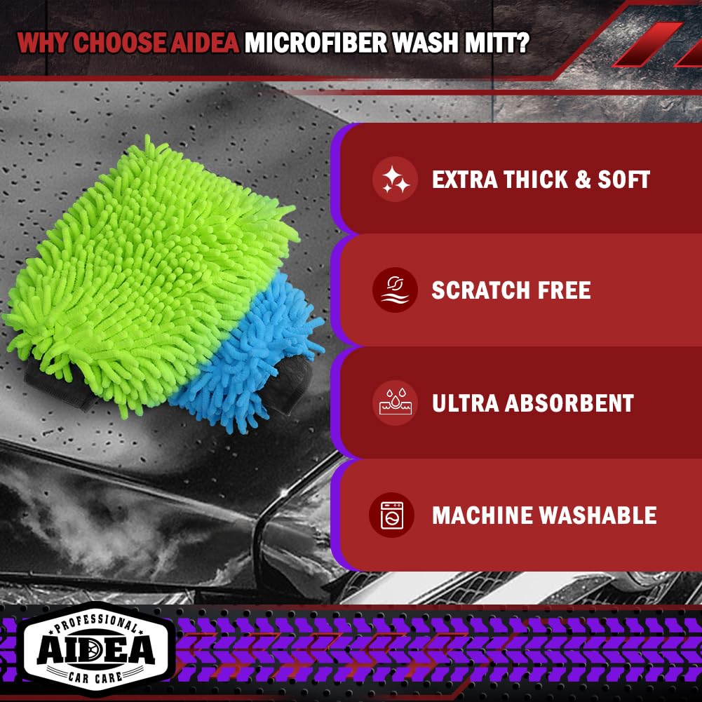 AIDEA Car Wash Mitt Microfiber, 2PK Scratch Free Lint-Free, Premium Chenille Microfiber Mitt Car Wash Brush, Green, Regular Size 7.12''X10.14''