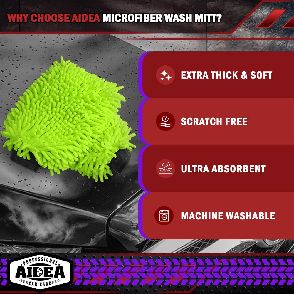 AIDEA Car Wash Mitt Microfiber, 2PK Scratch Free Lint-Free, Premium Chenille Microfiber Mitt Car Wash Brush, Green, Regular Size 7.12''X10.14''