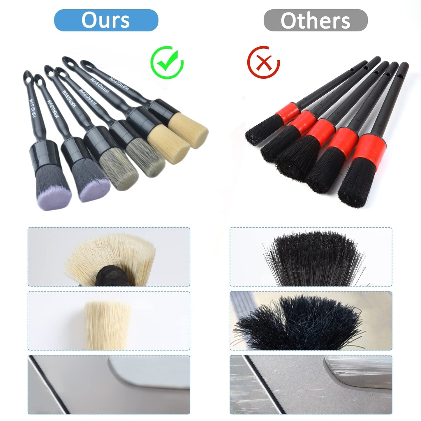 6pc Car Detailing Brush Set: 2 Boar’s Hair, 2 Ultra-Soft & 2 Fine Detail Brushes for Interior Leather, Air Vents, Trim & Exterior Cleaning