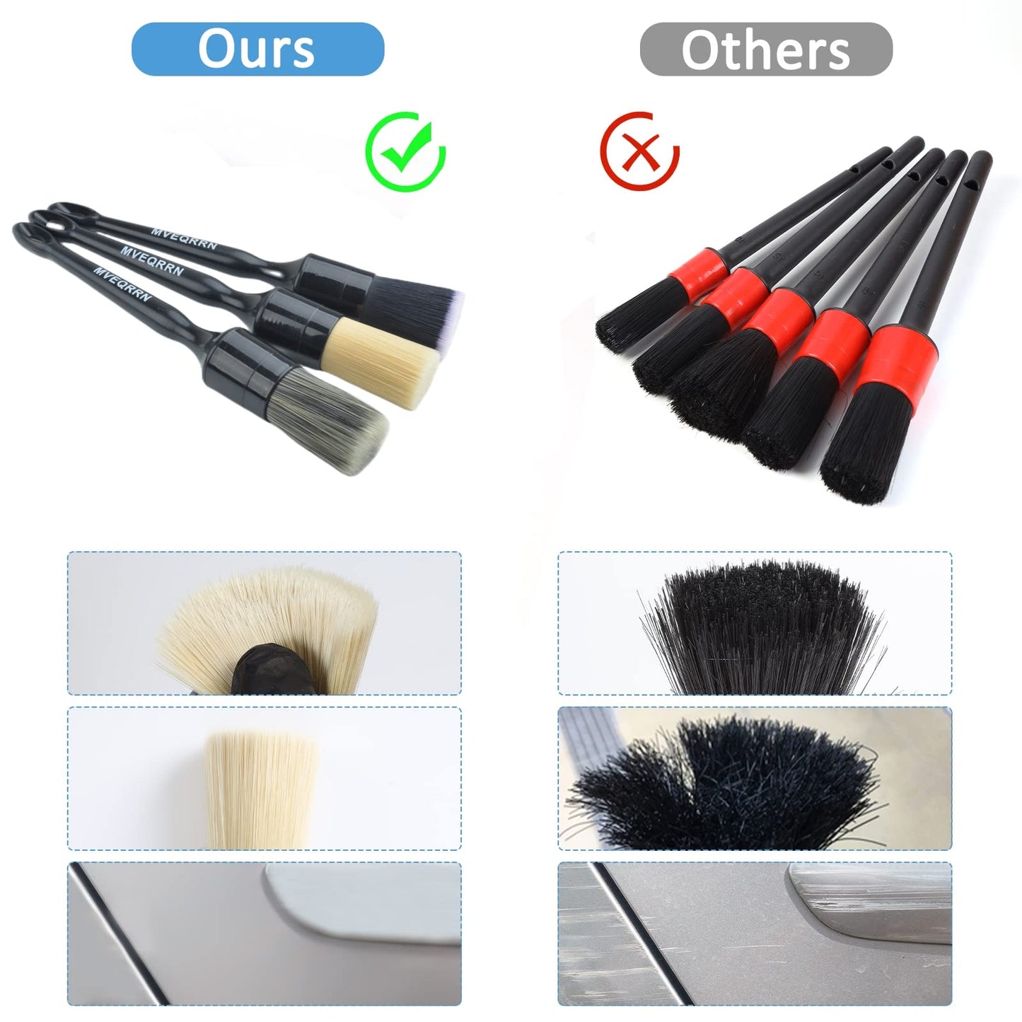 6pc Car Detailing Brush Set: 2 Boar’s Hair, 2 Ultra-Soft & 2 Fine Detail Brushes for Interior Leather, Air Vents, Trim & Exterior Cleaning