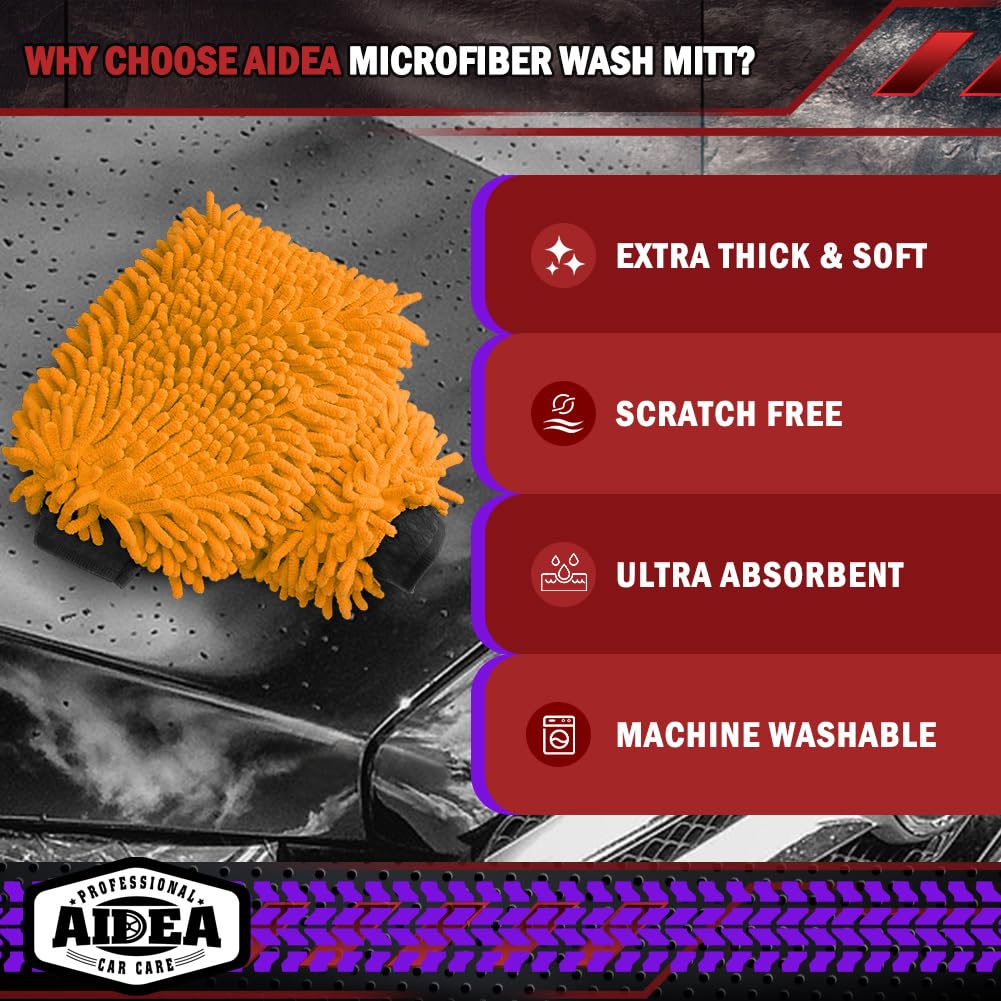 AIDEA Car Wash Mitt Microfiber, 2PK Scratch Free Lint-Free, Premium Chenille Microfiber Mitt Car Wash Brush, Green, Regular Size 7.12''X10.14''