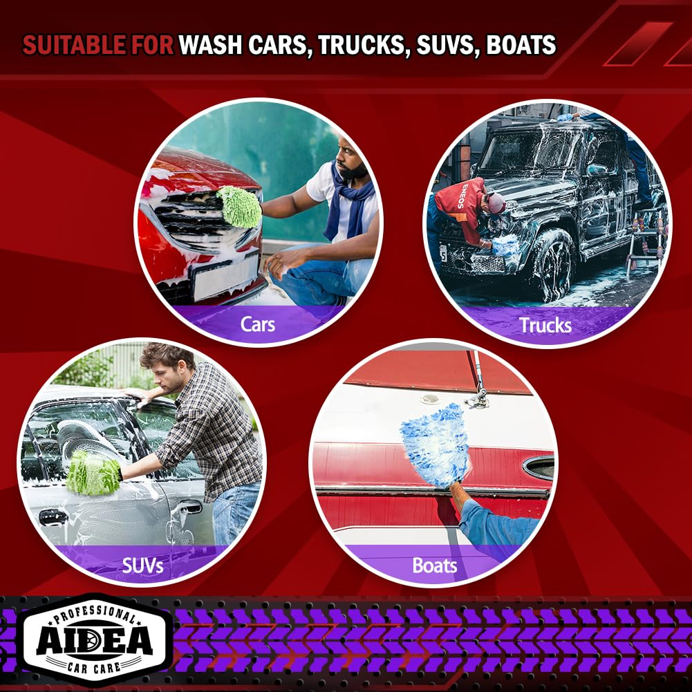 AIDEA Car Wash Mitt Microfiber, 2PK Scratch Free Lint-Free, Premium Chenille Microfiber Mitt Car Wash Brush, Green, Regular Size 7.12''X10.14''