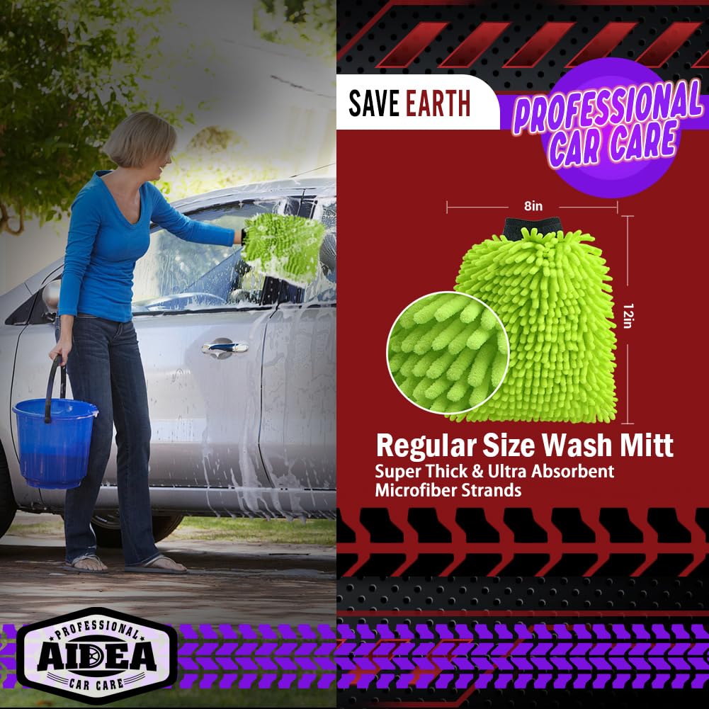 AIDEA Car Wash Mitt Microfiber, 2PK Scratch Free Lint-Free, Premium Chenille Microfiber Mitt Car Wash Brush, Green, Regular Size 7.12''X10.14''