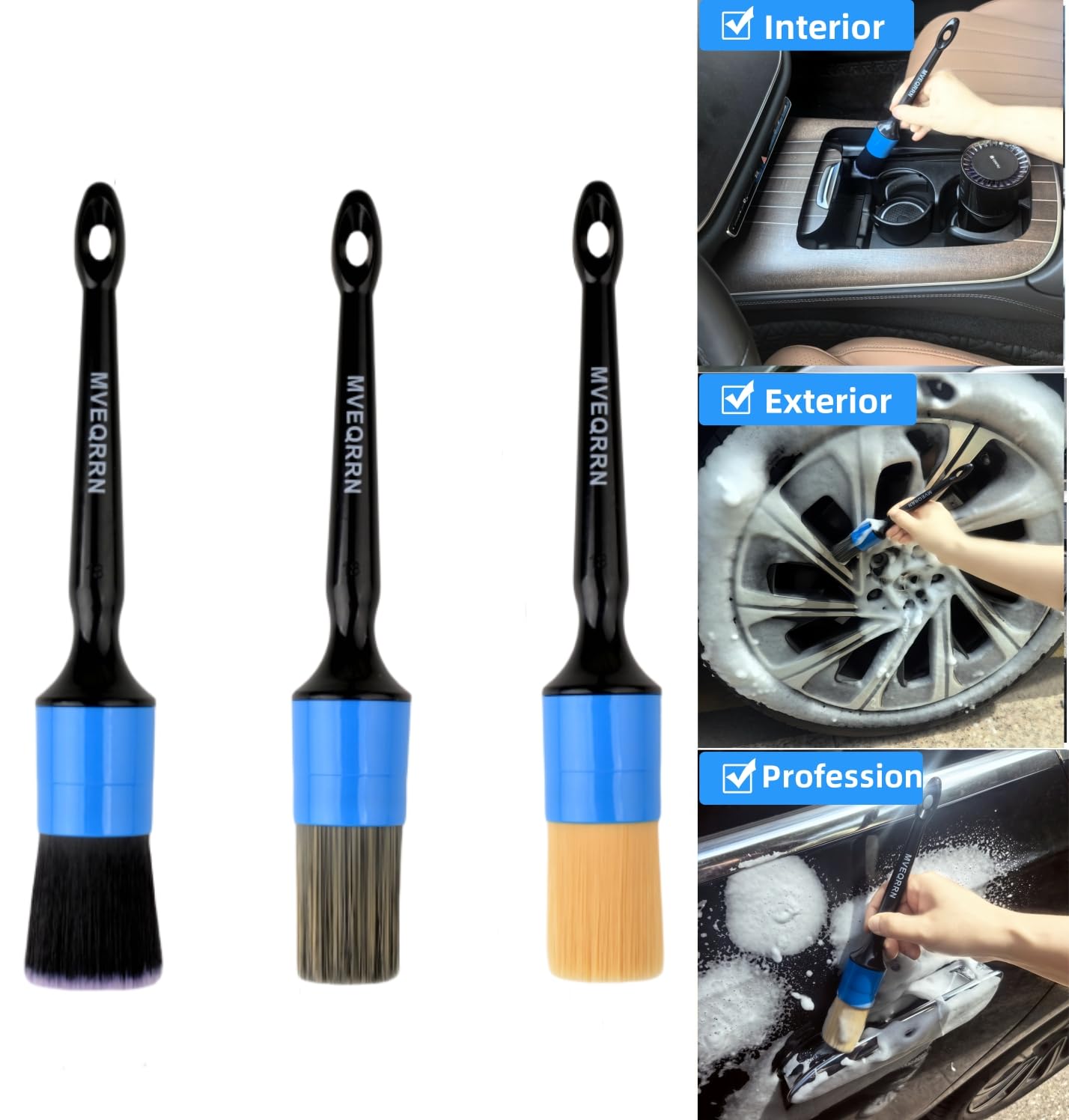 6pc Car Detailing Brush Set: 2 Boar’s Hair, 2 Ultra-Soft & 2 Fine Detail Brushes for Interior Leather, Air Vents, Trim & Exterior Cleaning