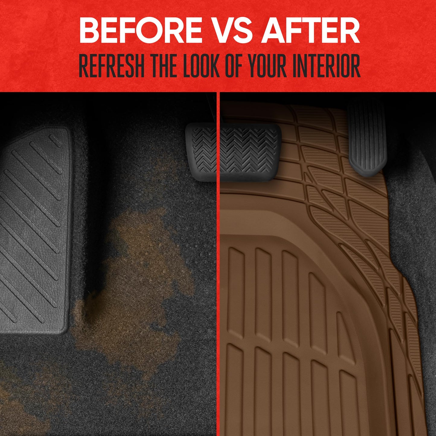 Motor Trend FlexTough All-Weather Floor Mats - Black Deep Dish Waterproof Trim-to-Fit Rubber Liners for Cars, Trucks & SUVs (4-Piece Set)