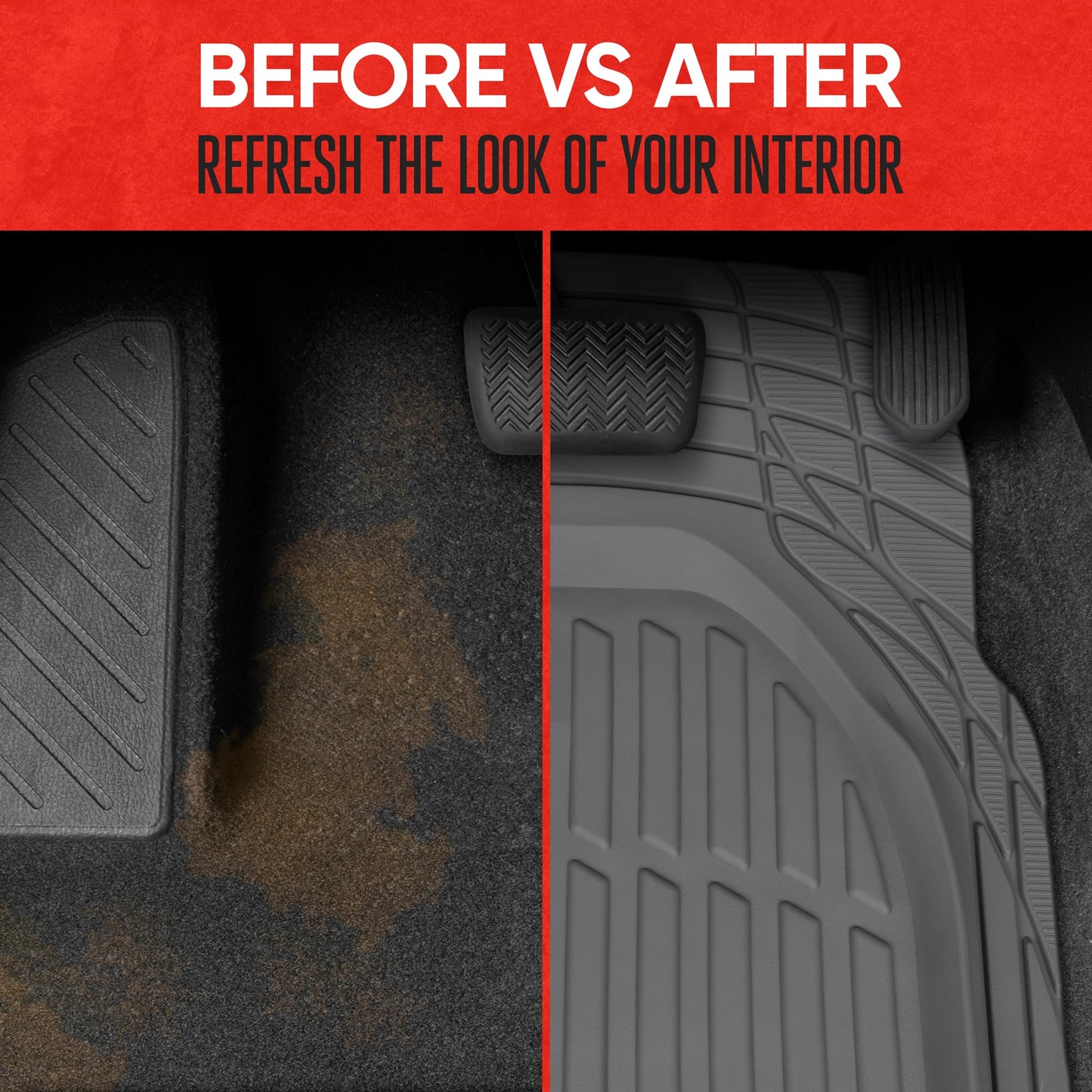 Motor Trend FlexTough All-Weather Floor Mats - Black Deep Dish Waterproof Trim-to-Fit Rubber Liners for Cars, Trucks & SUVs (4-Piece Set)