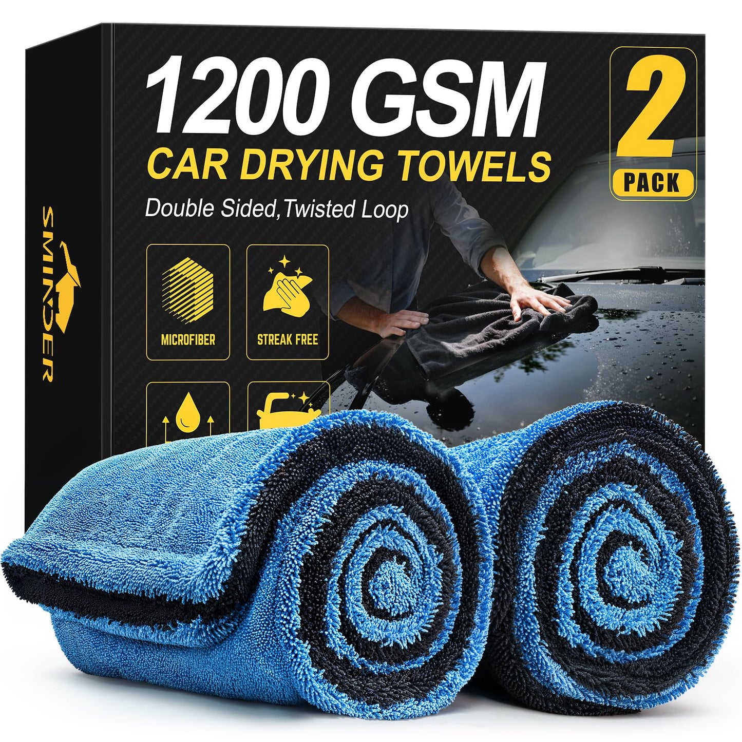 2-Pack 1200 GSM Car Drying Towels - 36"x24" Double-Twist Microfiber, Ultra-Absorbent & Scratch-Free Edgeless Design