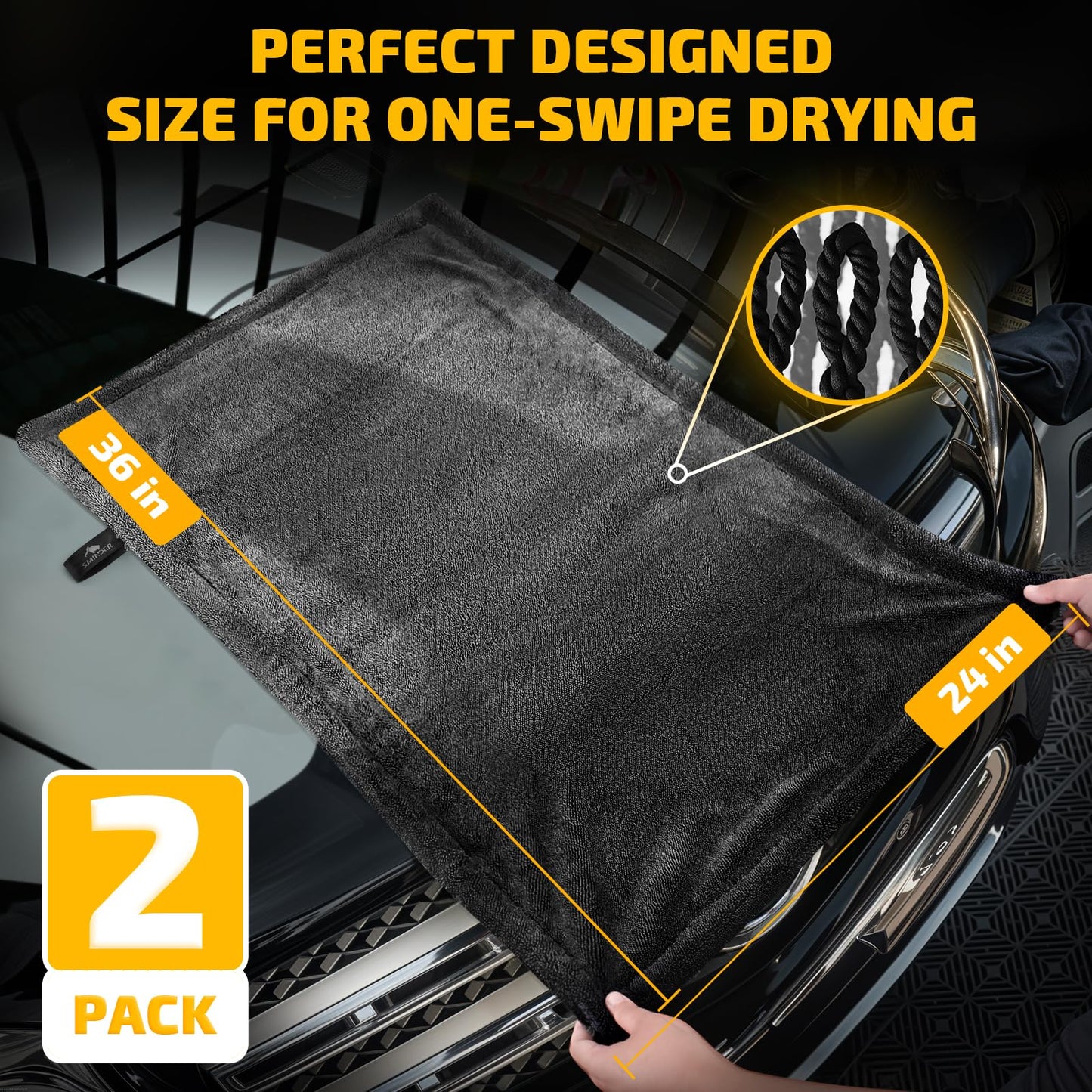 2-Pack 1200 GSM Car Drying Towels - 36"x24" Double-Twist Microfiber, Ultra-Absorbent & Scratch-Free Edgeless Design
