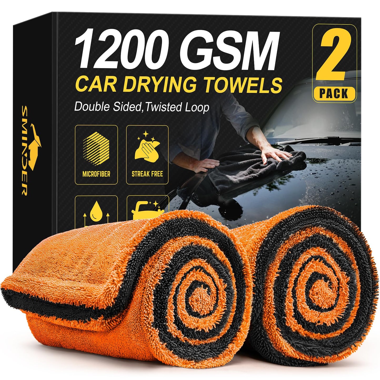 2-Pack 1200 GSM Car Drying Towels - 36"x24" Double-Twist Microfiber, Ultra-Absorbent & Scratch-Free Edgeless Design