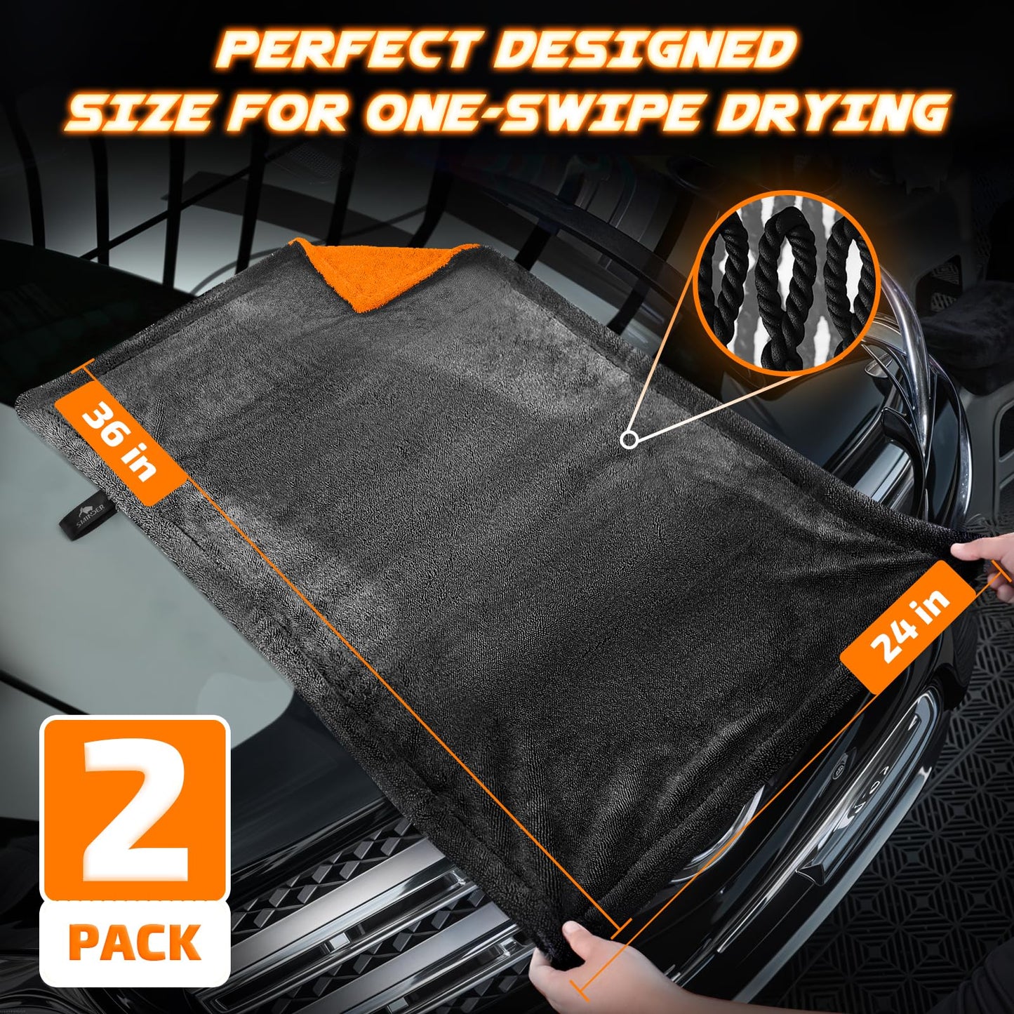 2-Pack 1200 GSM Car Drying Towels - 36"x24" Double-Twist Microfiber, Ultra-Absorbent & Scratch-Free Edgeless Design