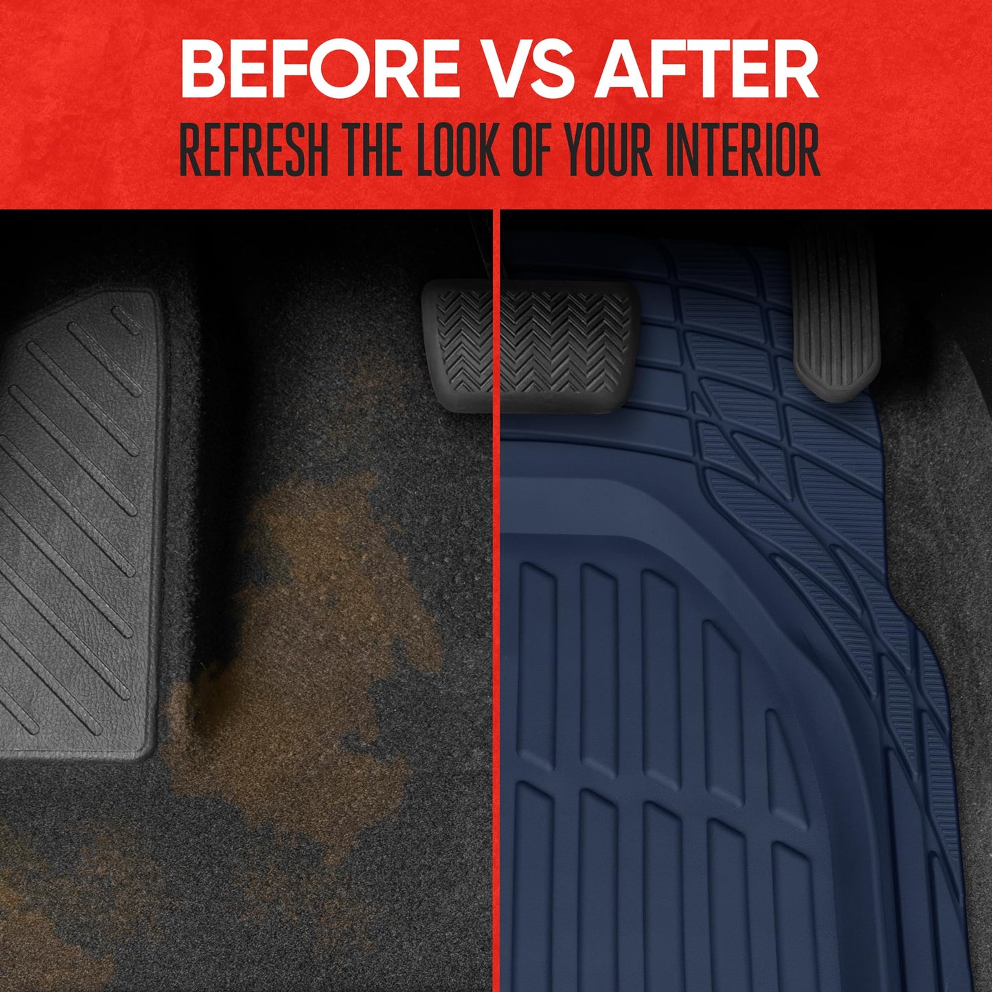 Motor Trend FlexTough All-Weather Floor Mats - Black Deep Dish Waterproof Trim-to-Fit Rubber Liners for Cars, Trucks & SUVs (4-Piece Set)