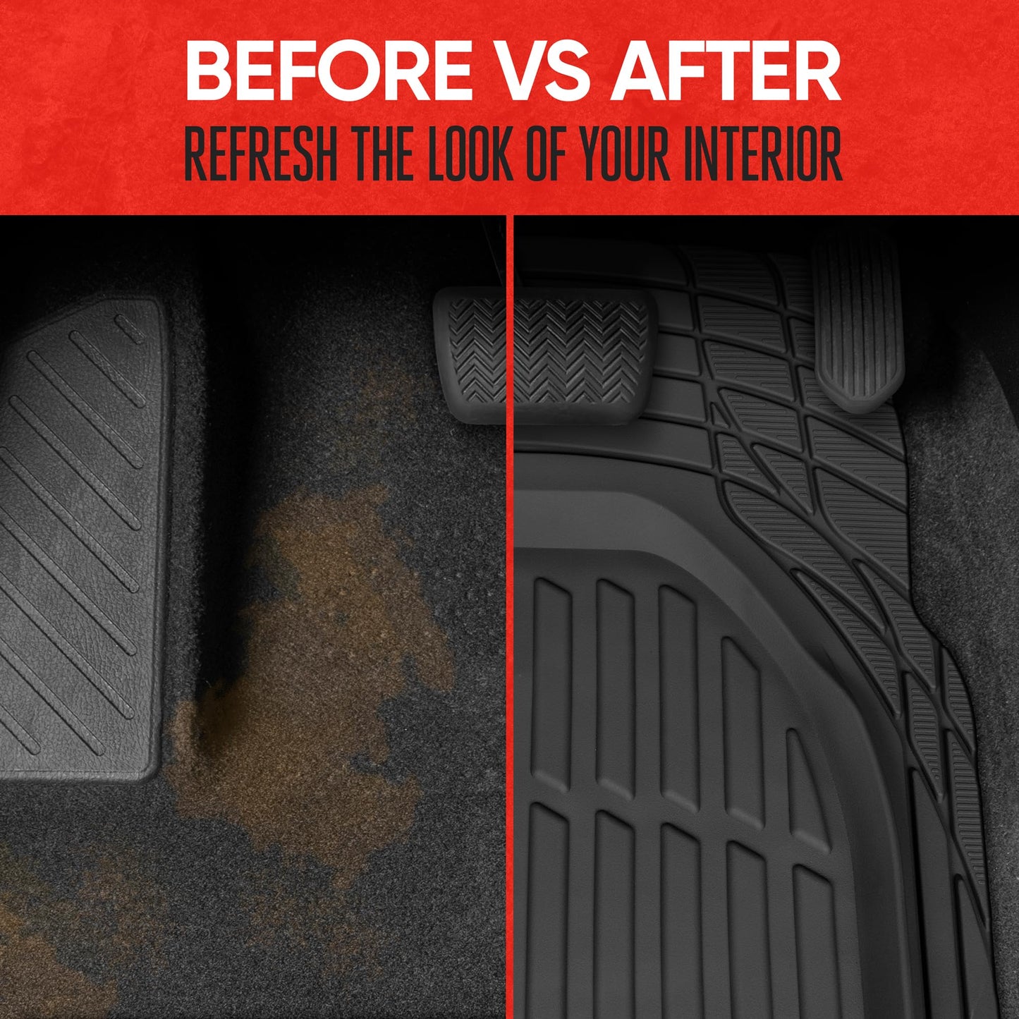 Motor Trend FlexTough All-Weather Floor Mats - Black Deep Dish Waterproof Trim-to-Fit Rubber Liners for Cars, Trucks & SUVs (4-Piece Set)