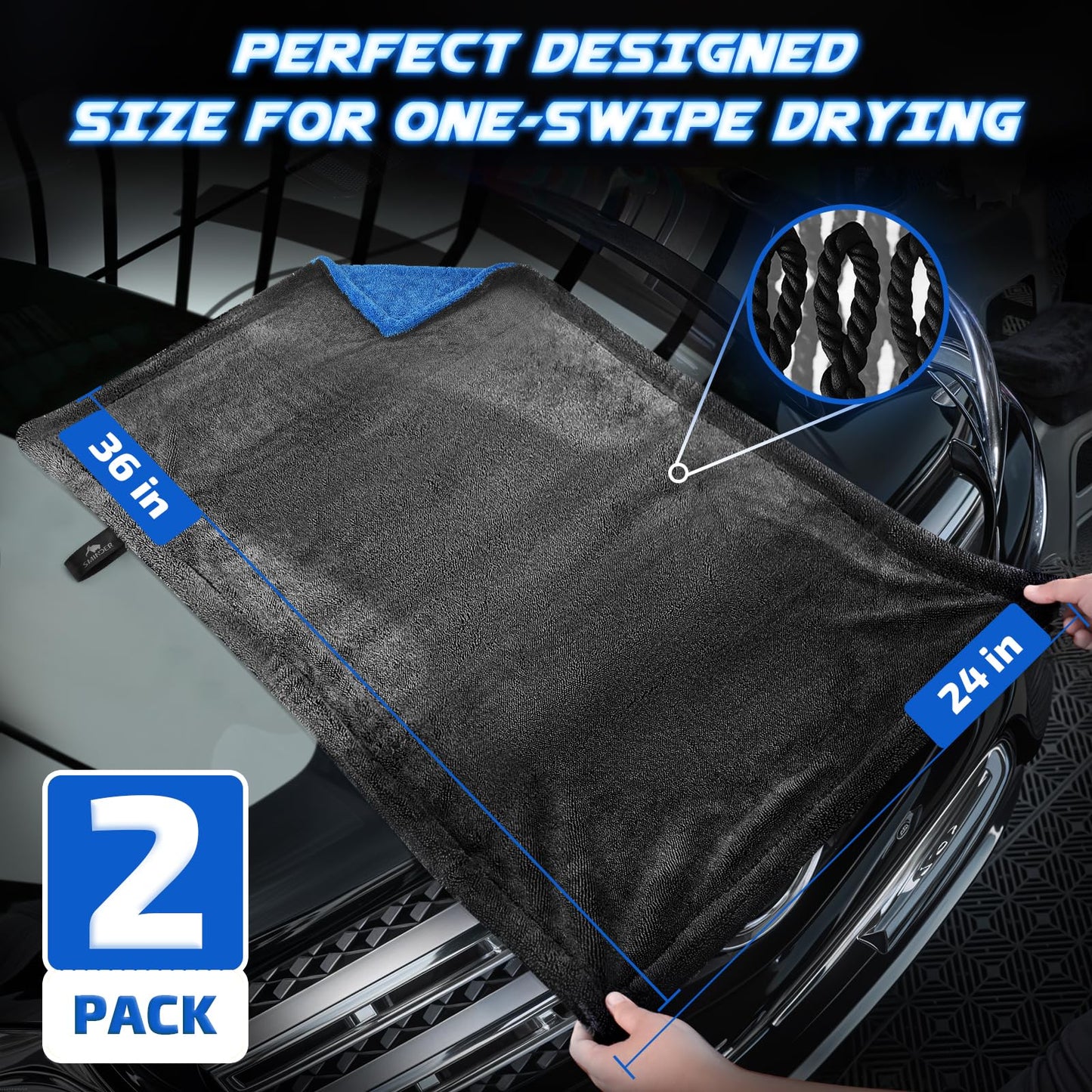 2-Pack 1200 GSM Car Drying Towels - 36"x24" Double-Twist Microfiber, Ultra-Absorbent & Scratch-Free Edgeless Design