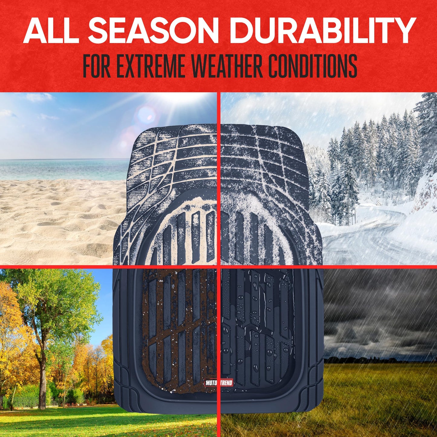 Motor Trend FlexTough All-Weather Floor Mats - Black Deep Dish Waterproof Trim-to-Fit Rubber Liners for Cars, Trucks & SUVs (4-Piece Set)