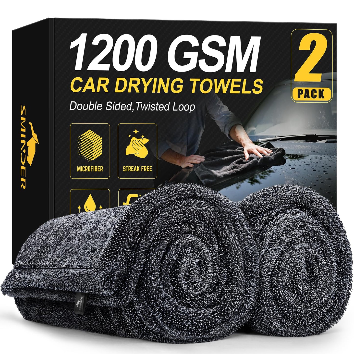 2-Pack 1200 GSM Car Drying Towels - 36"x24" Double-Twist Microfiber, Ultra-Absorbent & Scratch-Free Edgeless Design